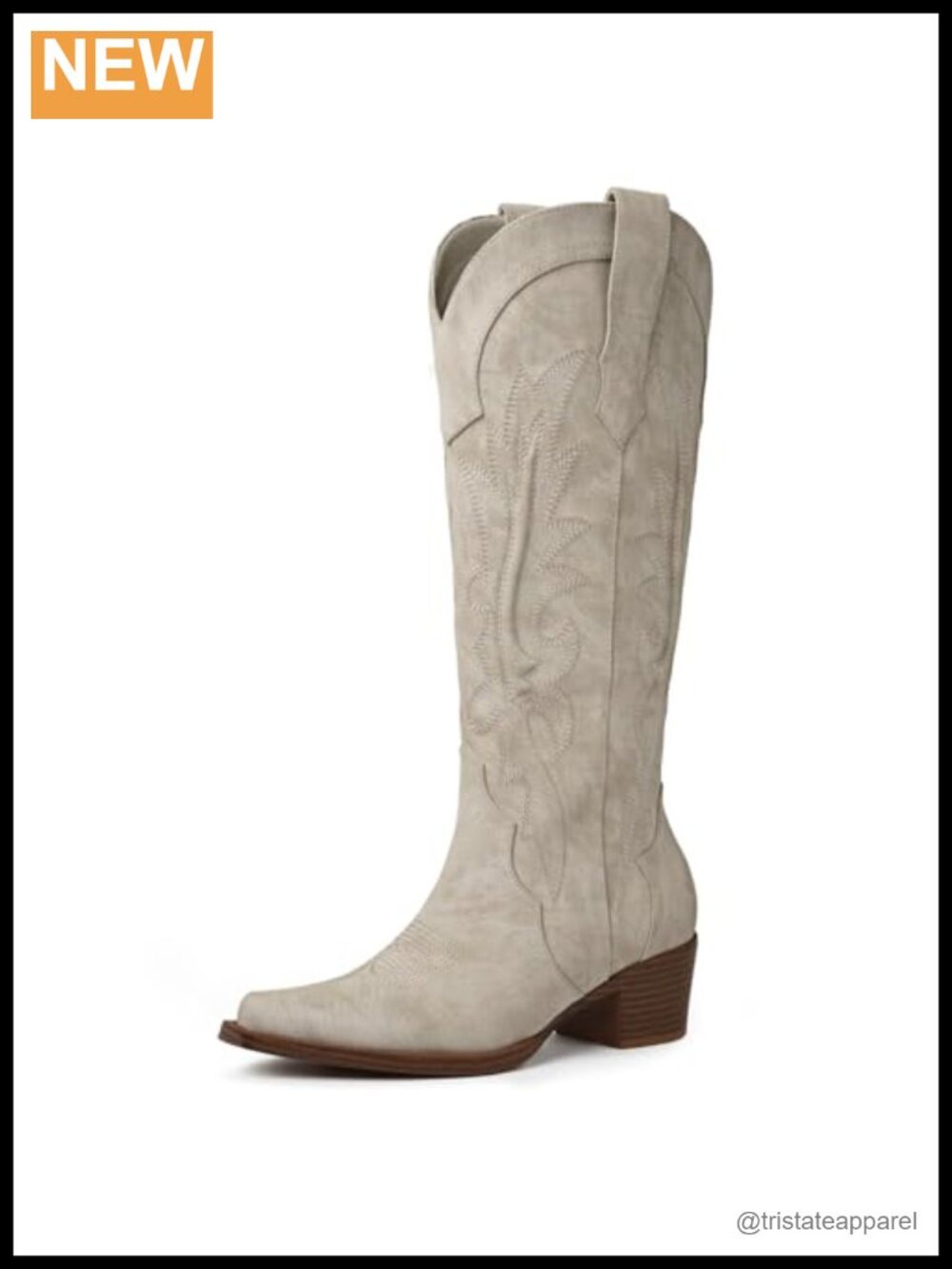 Knee High Cowboy Boots Pointed Toe Embroidered Chunky Heel Faux Leather Western